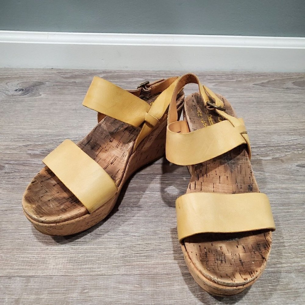 Kork-Ease Women's Beige Yellow Leather Platform Wedge Sandals Double Strap 8M